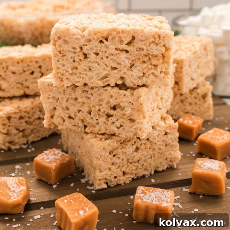 Salted Caramel Krispie Bliss 9 The Best Salted Caramel Rice Krispie Treats - a close up of golden, chewy treats ready to be eaten.