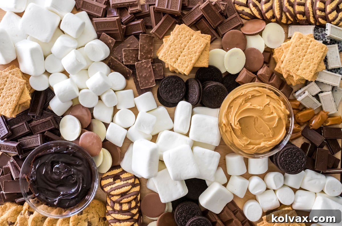 An overhead shot of a meticulously arranged S'mores Dessert Board, showcasing a vibrant array of marshmallows, cookies, chocolates, and other ingredients, inviting guests to create their perfect dessert.