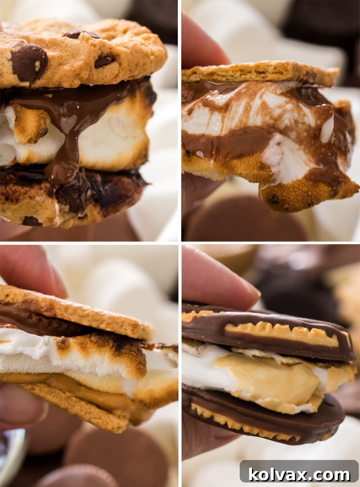 A dynamic collage showcasing four unique S'mores creations, illustrating the diverse possibilities from the S'mores Dessert Board ingredients.