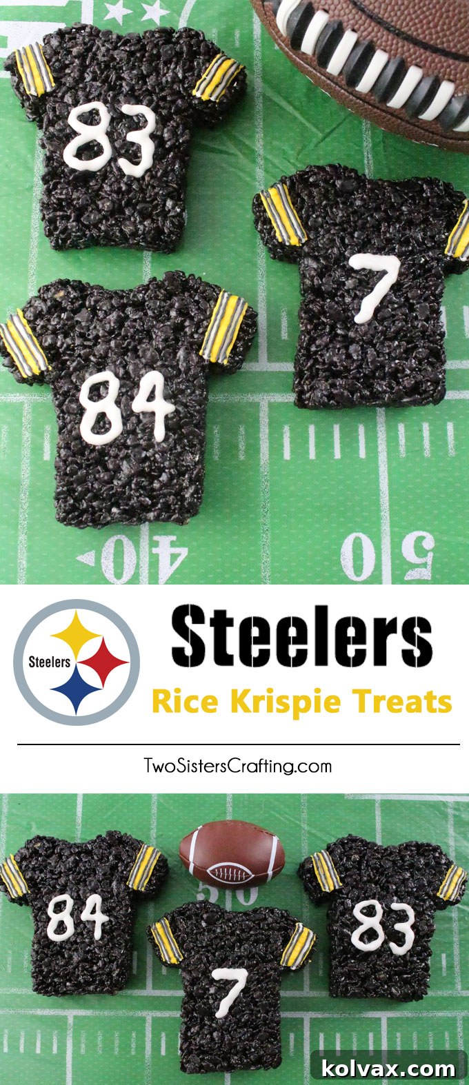 These Pittsburgh Steelers Rice Krispie Treats Team Jerseys are a fun football dessert for a game day football party, an NFL playoff party, a Super Bowl party or as a special snack for the Pittsburgh Steelers fans in your life. Go Steelers! And follow us for more fun Super Bowl Food Ideas.