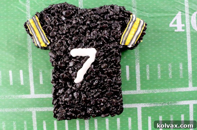 These Pittsburgh Steelers Rice Krispie Treats Team Jerseys are a fun football dessert for a game day football party, an NFL playoff party, a Super Bowl party or as a special snack for the Pittsburgh Steelers fans in your life. Go Steelers! And follow us for more fun Super Bowl Food Ideas.