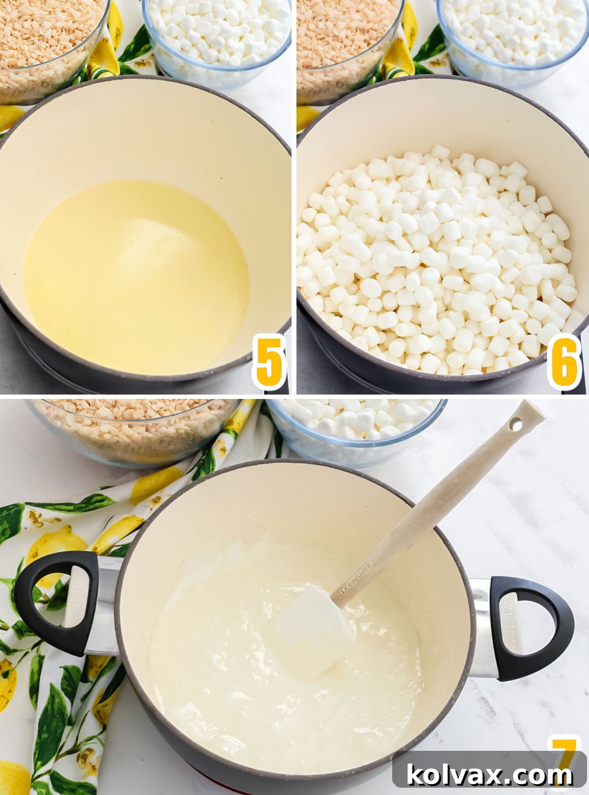 Collage image showing the progressive steps of melting butter in a saucepan, adding mini marshmallows, and stirring them constantly until they transform into a smooth, gooey, unified marshmallow mixture.
