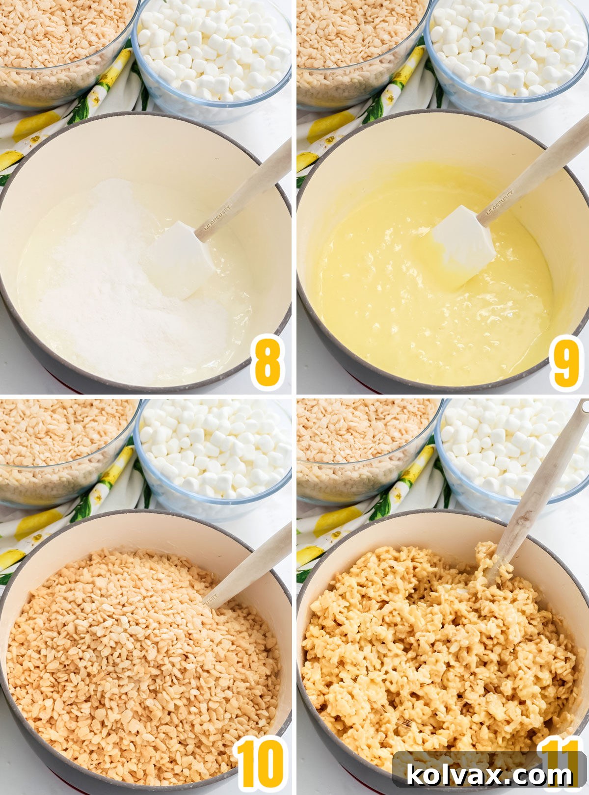 Collage of images illustrating the two main steps: first, stirring instant lemon pudding mix into the warm marshmallow mixture until combined, and second, gently folding Rice Krispie cereal into the lemon-marshmallow blend until every piece is coated.