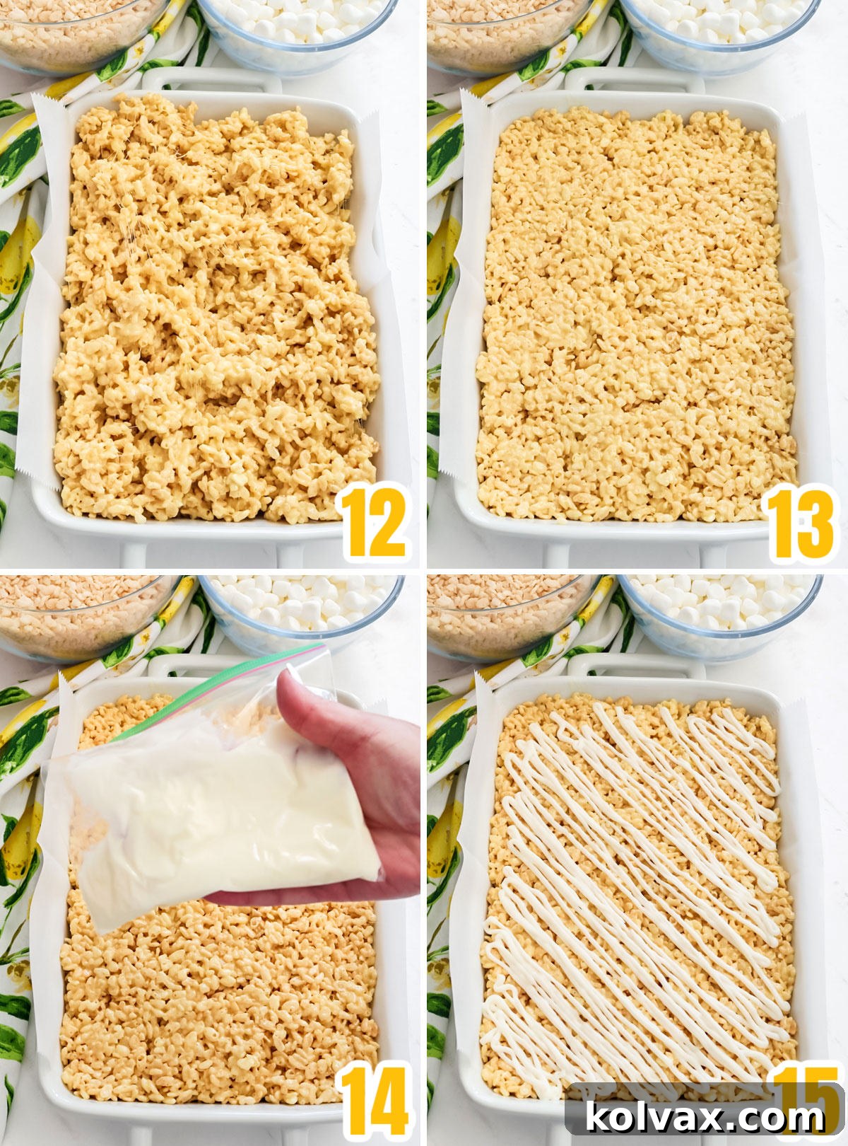 Collage of images showing how to press the Lemon Rice Krispie Treat mixture into a 9x13" pan, the cooling process, and finally, drizzling the homemade lemon icing over the set treats for a beautiful finish.