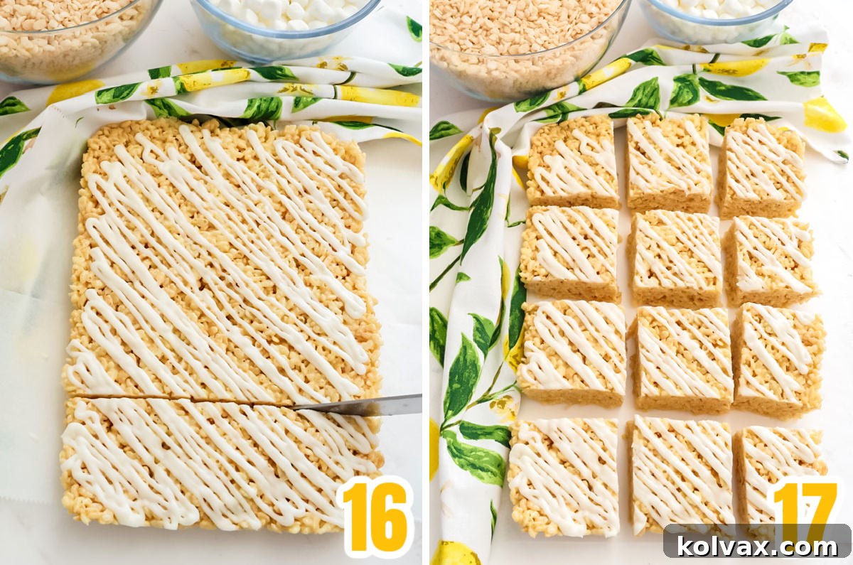 Collage demonstrating how to use parchment paper to lift the cooled Lemon Rice Krispie Treats from the pan and then cut them into neat, individual squares, ready for serving.