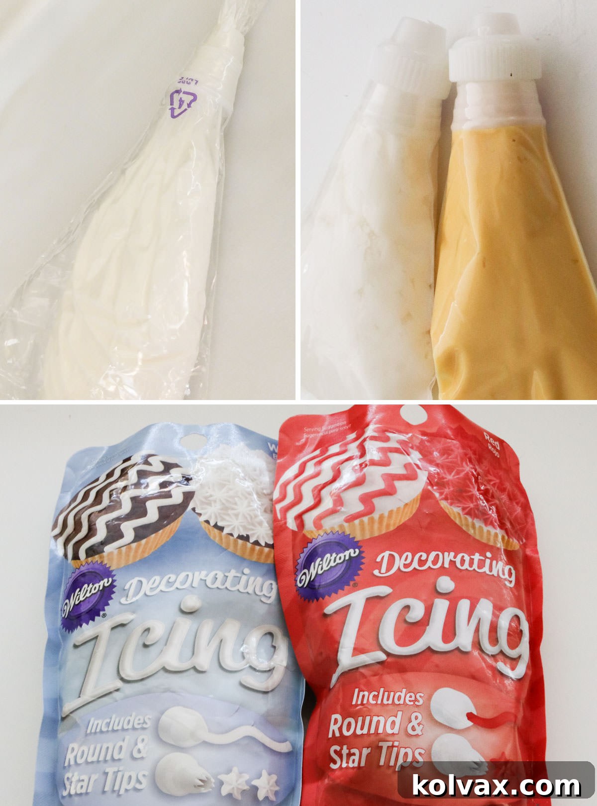 Collage image showing the different options for icing to decorate the New England Patriots Rice Krispie Treats.