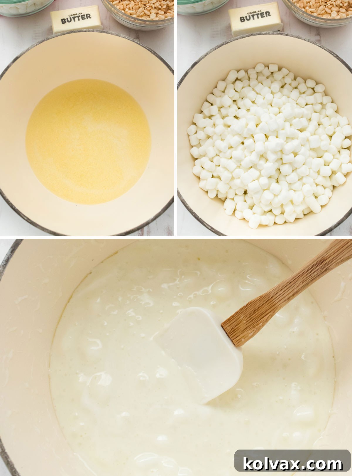 Collage images showing the steps for making the marshmallow mixture for the Rice Krispie Treats.