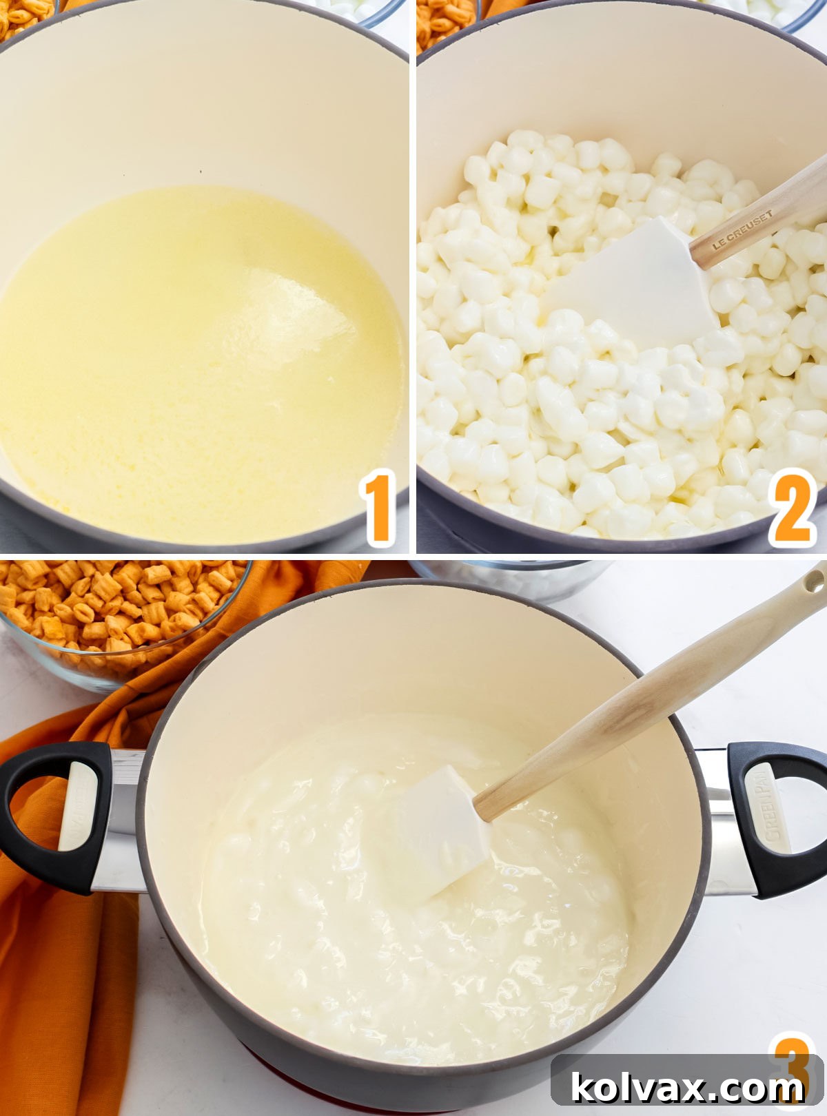 A collage of images illustrating the process of melting butter and mini marshmallows in a saucepan for Cap'n Crunch Treats. The first shows butter melting, the second shows marshmallows added, and the third depicts the mixture stirring into a smooth, gooey consistency.