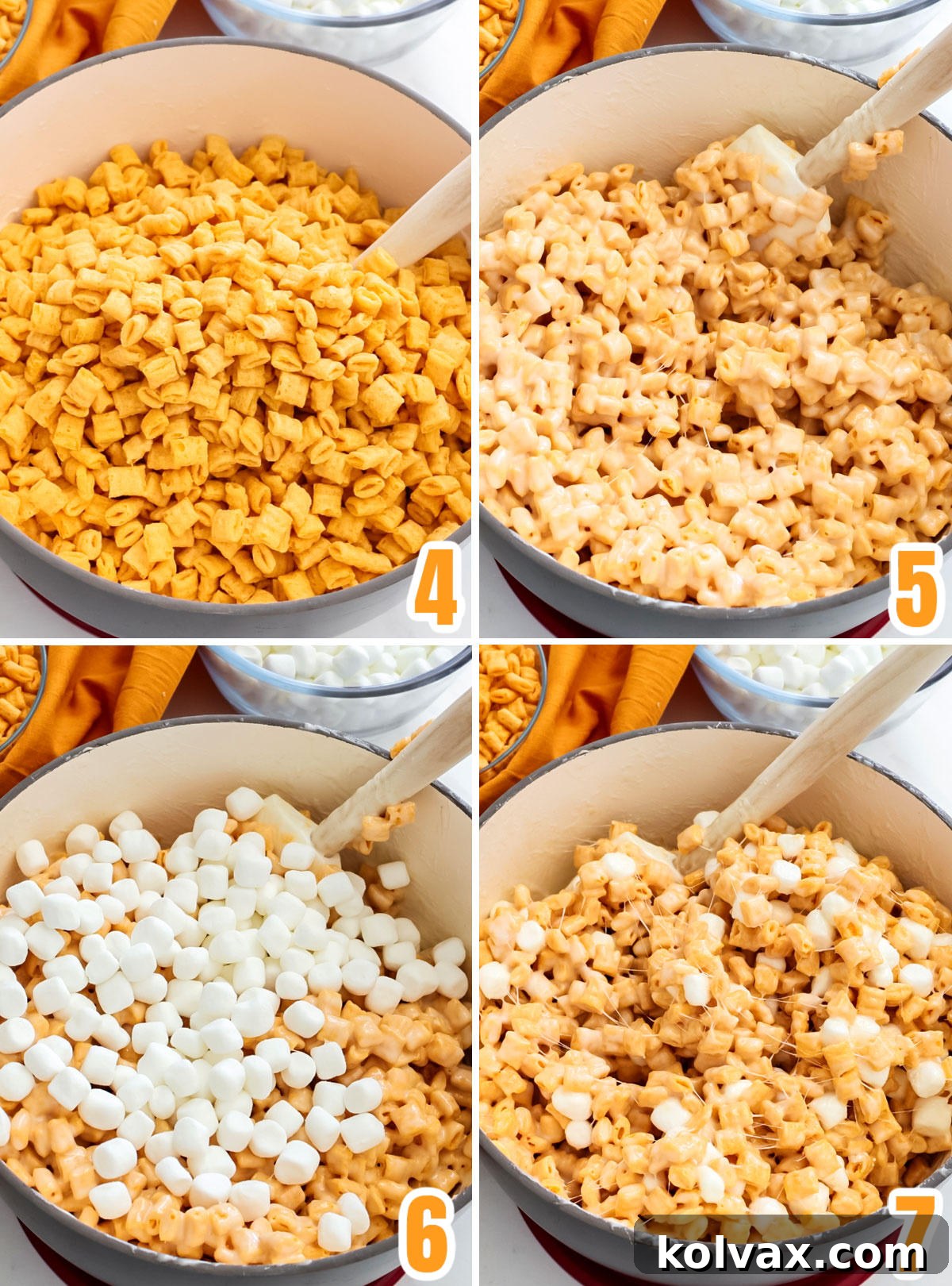 A series of images demonstrating how to combine Cap'n Crunch Cereal with the melted marshmallow mixture. The first shows cereal being poured, the second shows the mixture being folded with a spatula, and the third shows the final mix with additional mini marshmallows.