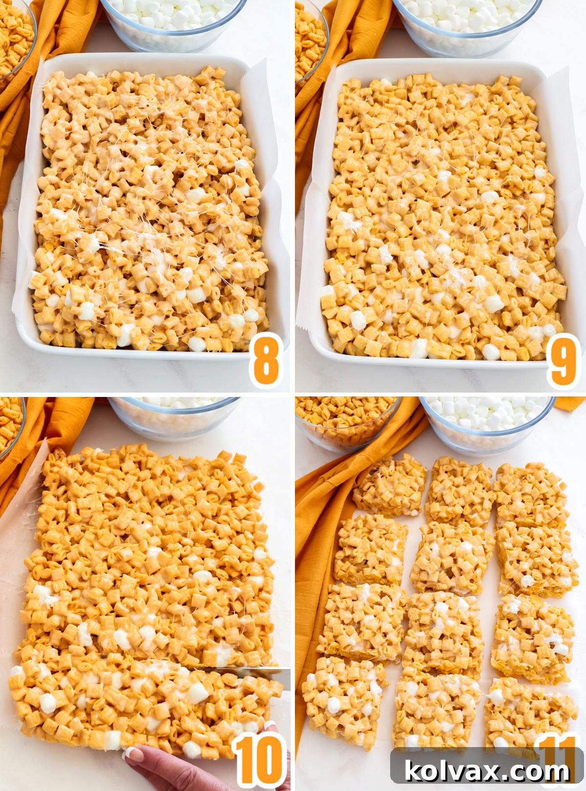 A sequential collage showing the assembly of Cap'n Crunch Marshmallow Treats in a 9x13-inch pan. Images depict lining the pan with parchment paper, pouring in the mixture, and gently pressing it down to cool.