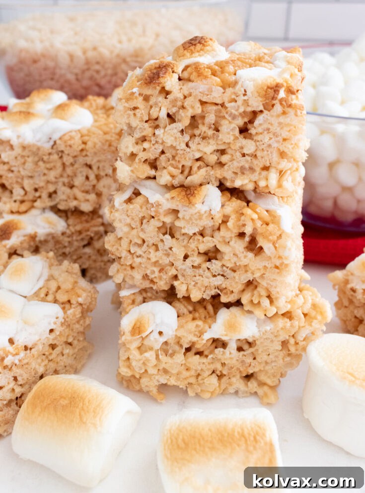 Toasted Marshmallow Rice Krispie Treats, a delicious no-bake dessert featuring brown butter and a toasted marshmallow topping.
