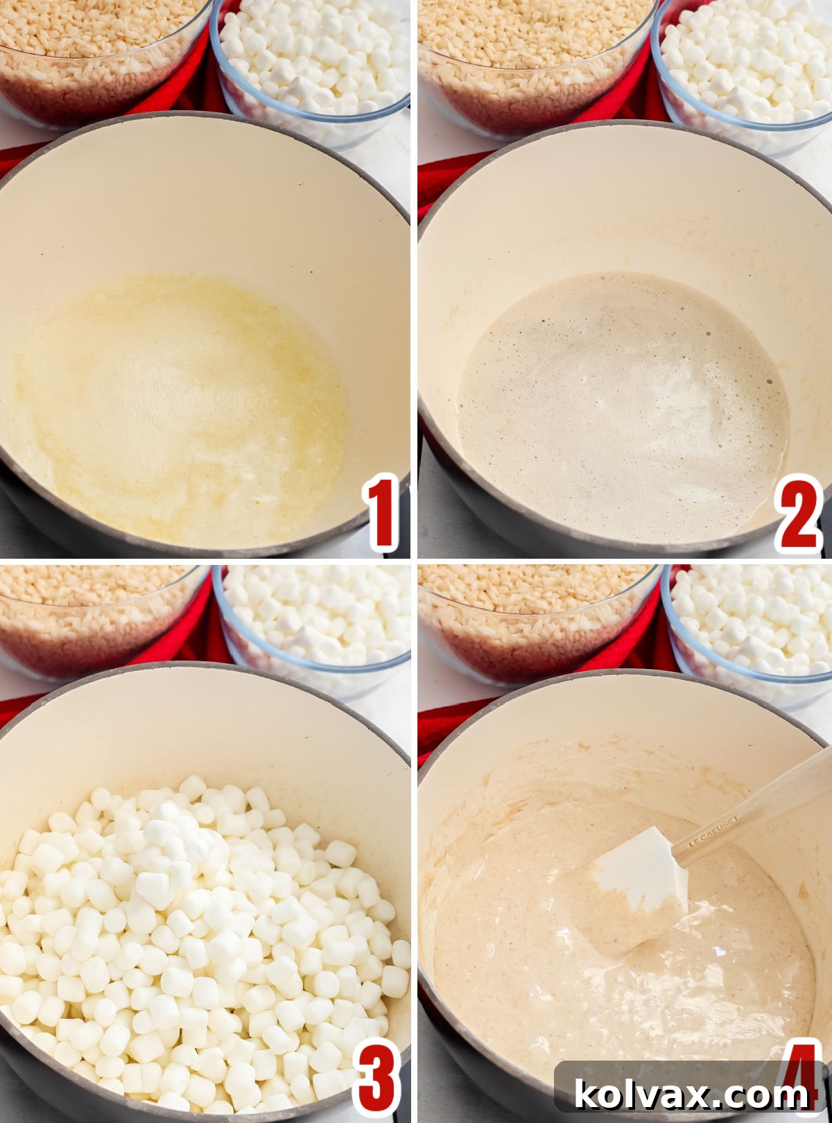 A step-by-step visual collage showing butter melting and browning in a saucepan, followed by mini marshmallows being added and stirred into the rich brown butter.