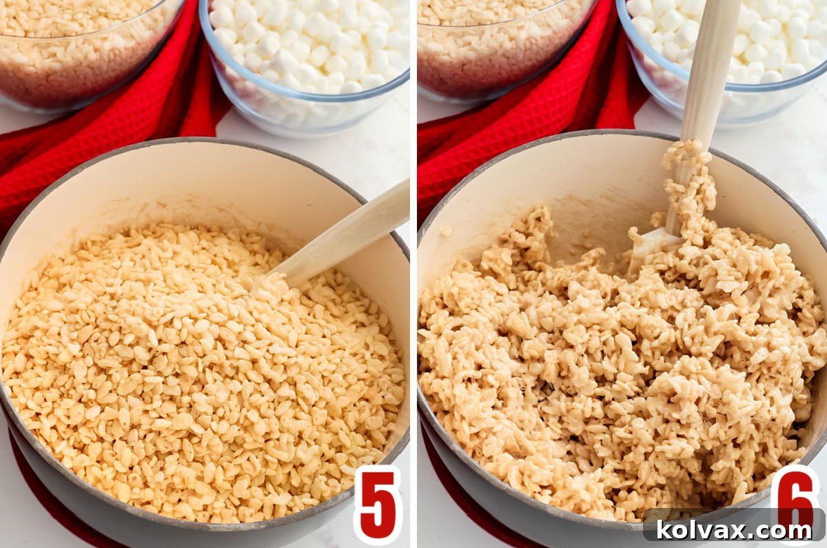 A collage image illustrating the process of combining Rice Krispies cereal with the warm, melted brown butter marshmallow mixture in a large saucepan, emphasizing gentle folding.