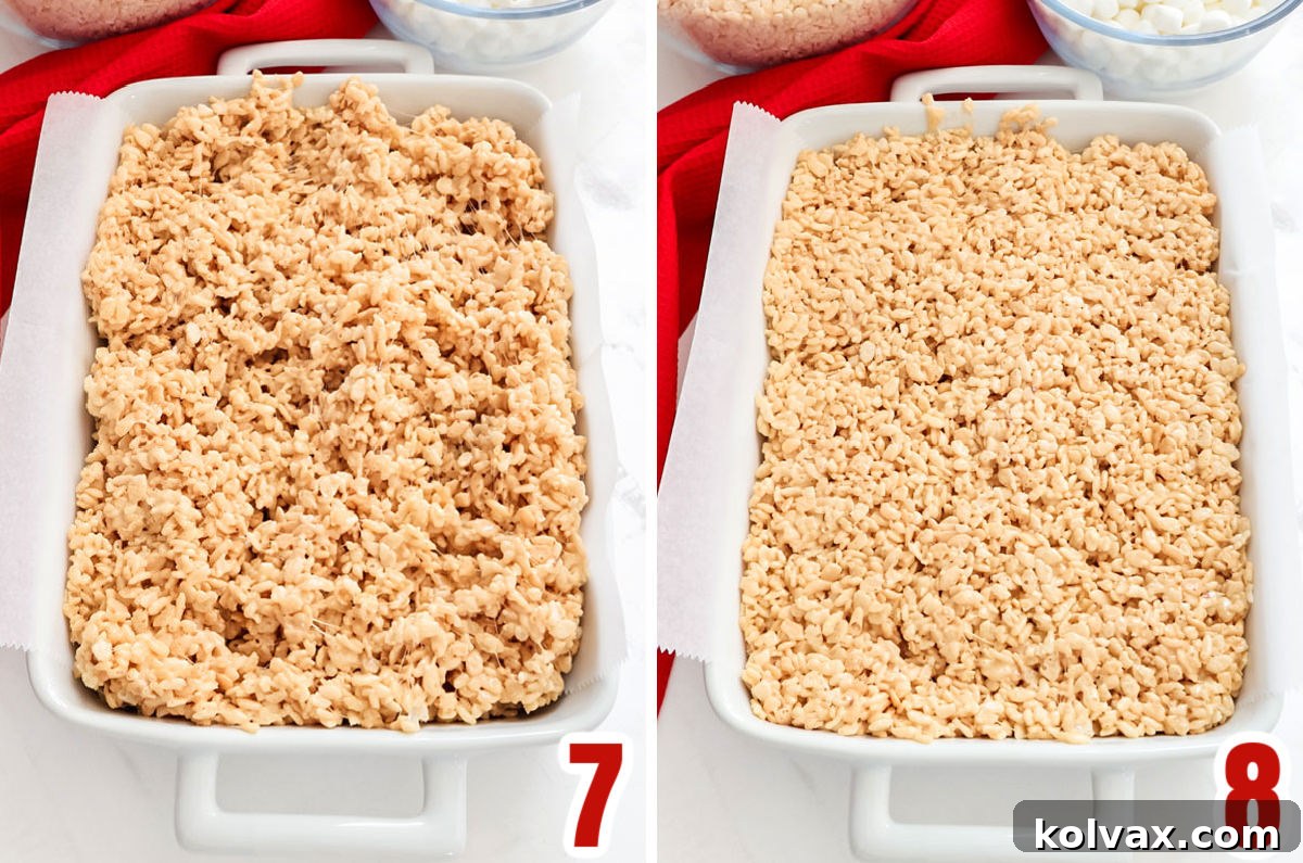 A collage image showing the process of spooning the Rice Krispie Treat mixture into a parchment-lined 9x13 inch pan and gently pressing it down to create an even layer.