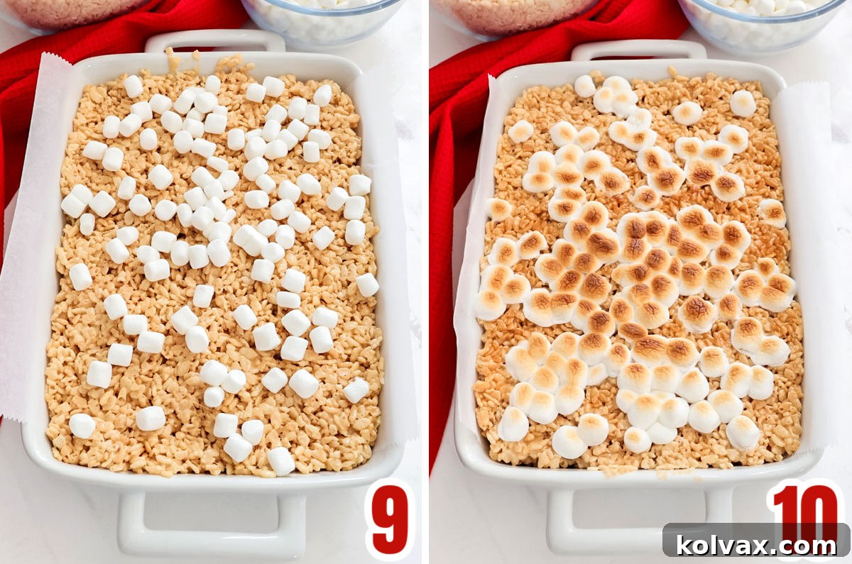 A collage image demonstrating how to sprinkle mini marshmallows over the Rice Krispie Treats in the pan and then toast them under a broiler until golden brown.