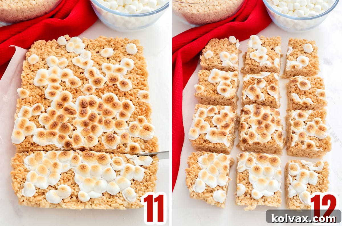 A collage image depicting the cooling process of the Toasted Marshmallow Rice Krispie Treats, followed by cutting them into neat individual squares for serving.