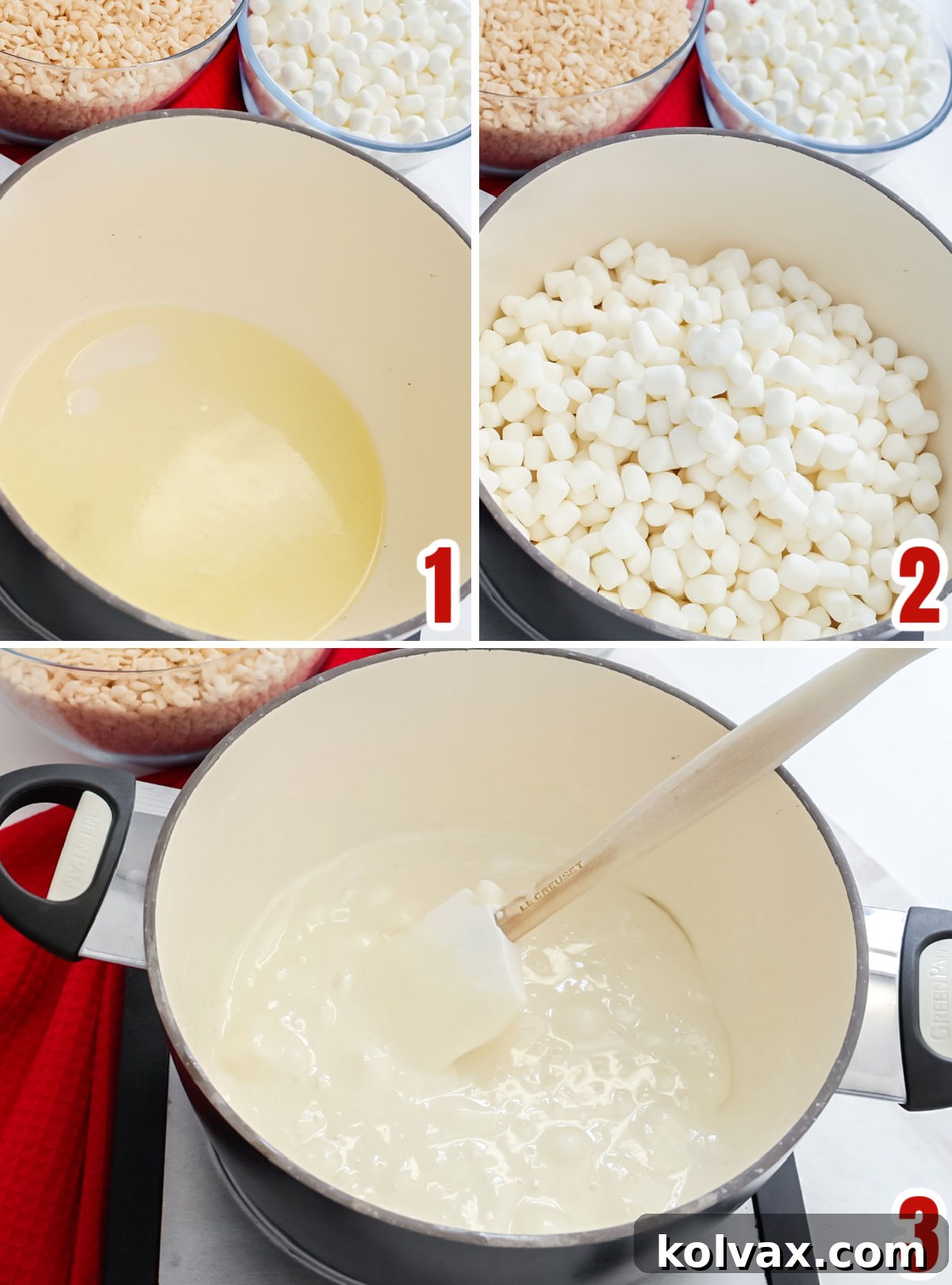 Collage image showing the steps required to melt the butter and the marshmallows to make Nutella Rice Krispie Treats.