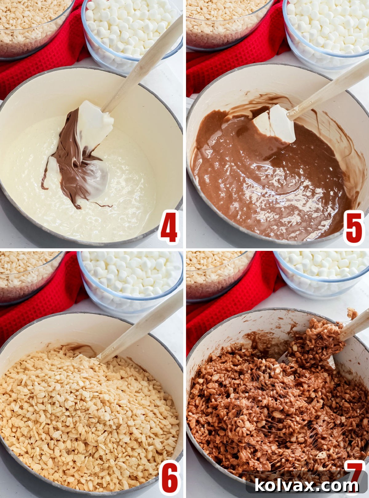 Collage image showing the steps for adding the Nutella and Rice Krispies Cereal to the marshmallow mixture.