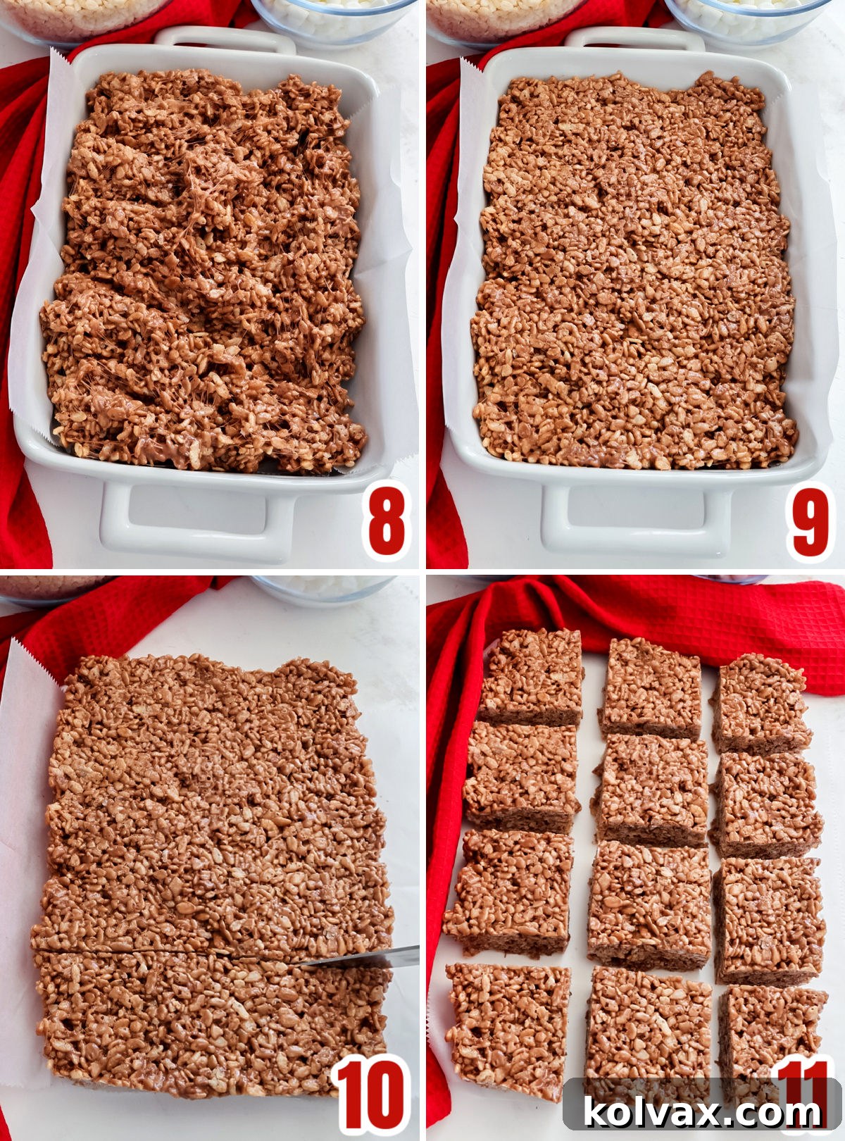 Collage image showing the steps for pouring the Rice Krispie Treat mixture into the pan.