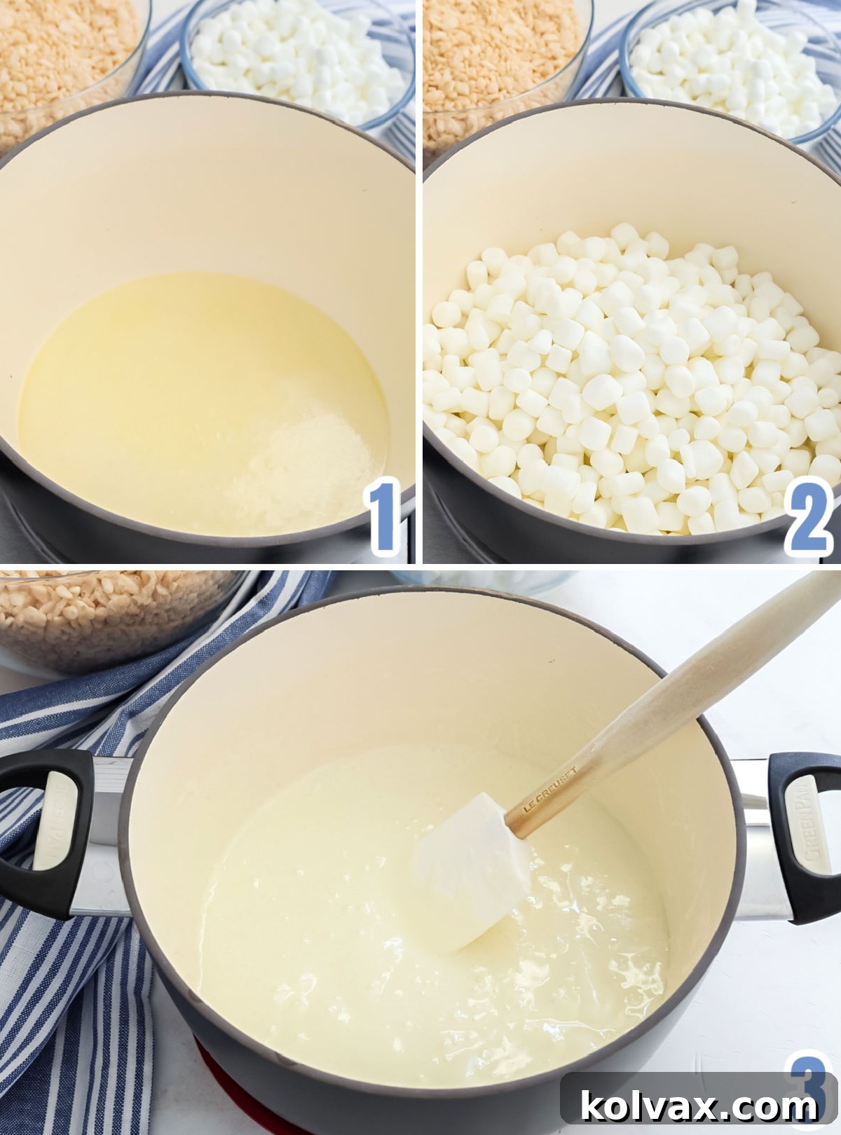 A step-by-step visual guide showing how to melt butter in a large saucepan, then add mini marshmallows and stir until completely melted and smooth, forming the base for the treats.