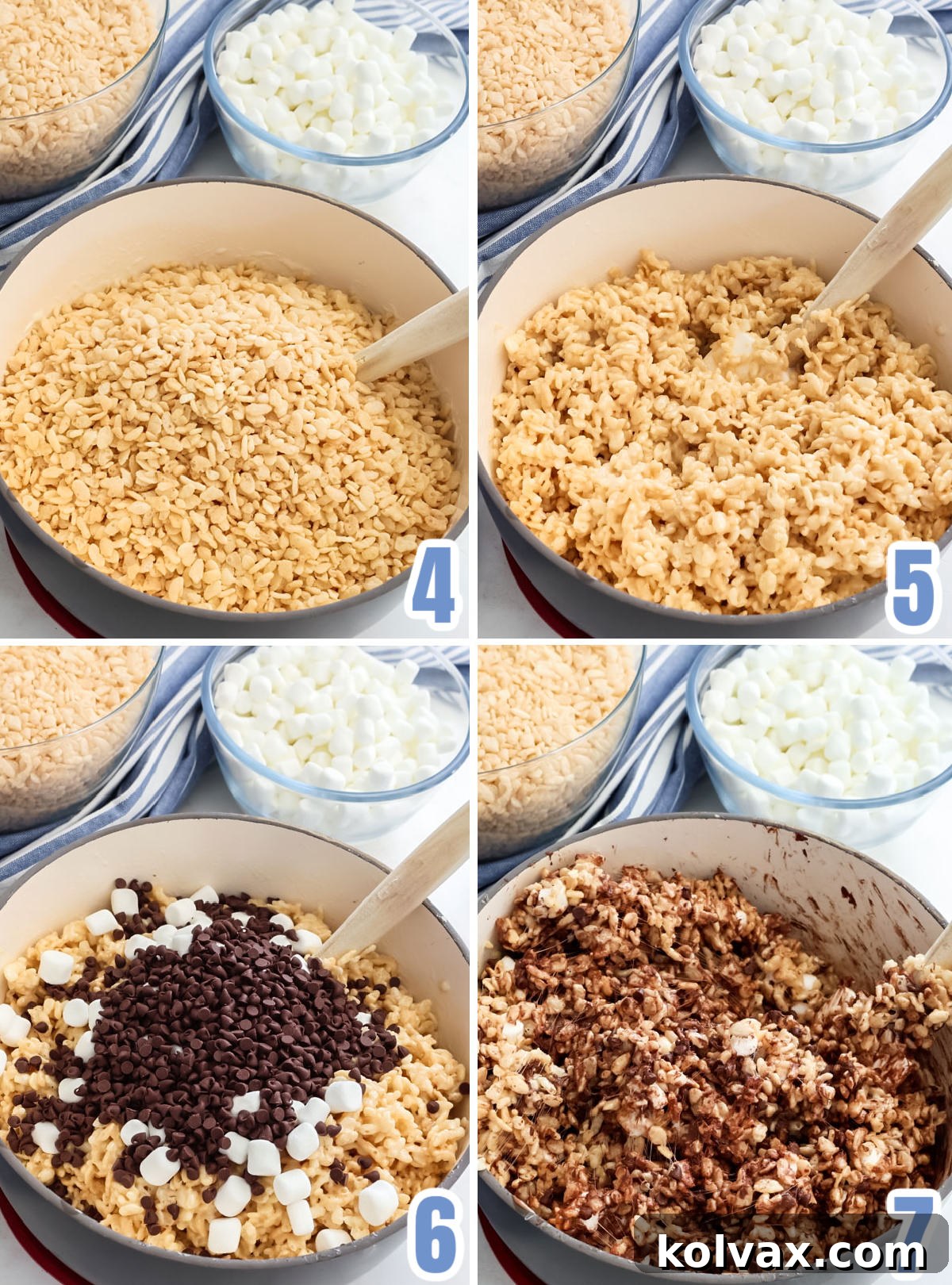 A collage demonstrating the process of folding Rice Krispie cereal into the warm marshmallow mixture, followed by the addition of mini chocolate chips and extra mini marshmallows, stirring until all ingredients are well combined.