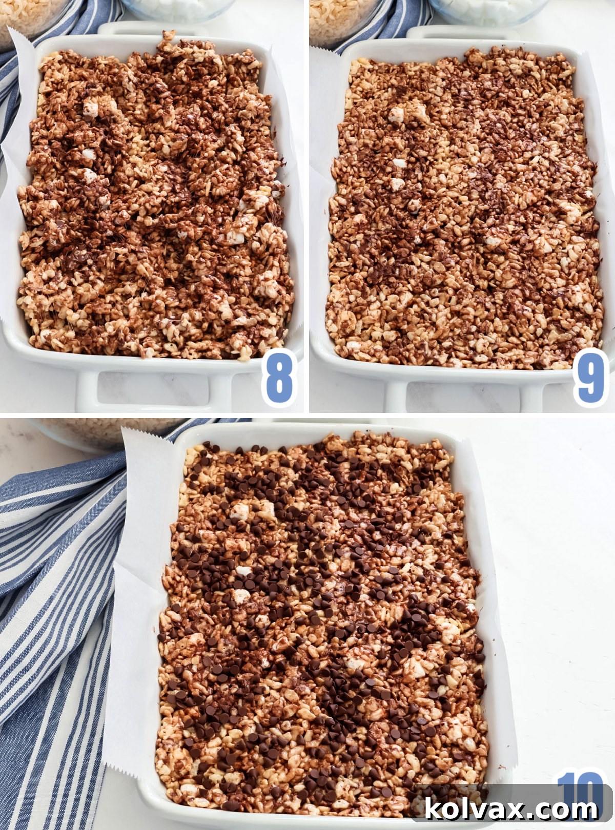 A collage illustrating the steps for evenly spooning the Rice Krispie treat mixture into a 9x13-inch pan lined with parchment paper, preparing it for cooling.