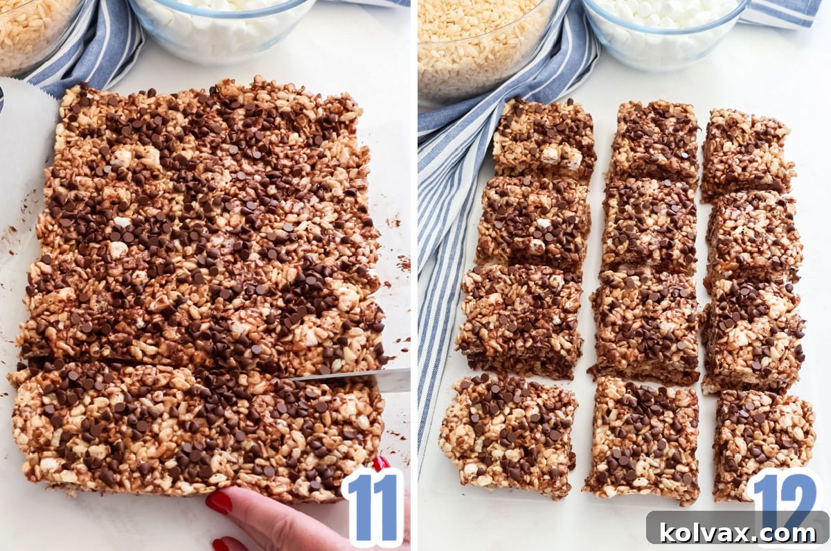 A collage showing the process of cooling Zebra Rice Krispie Treats in the pan, then lifting them out using parchment paper, and finally cutting them into neat individual squares.