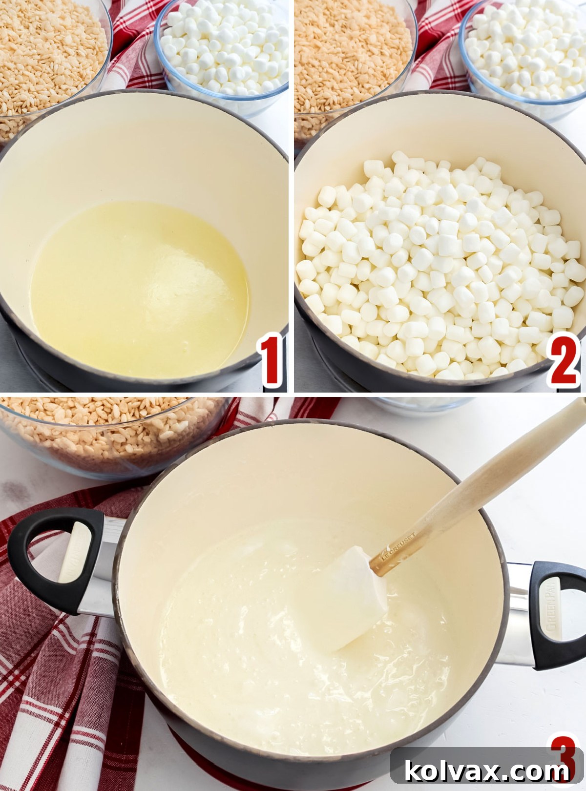 A visual collage illustrating the process of melting butter and marshmallows in a saucepan for Cookie Butter Rice Krispie Treats.