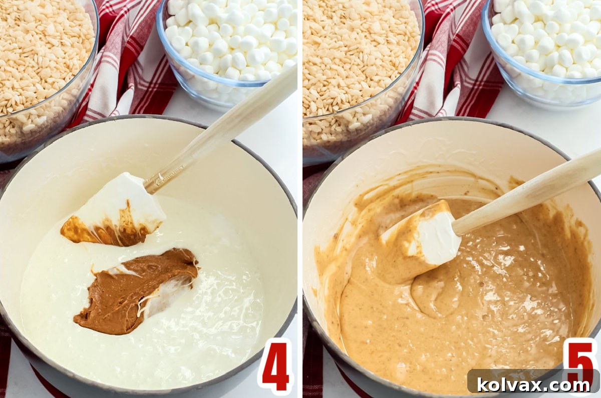 A collage of images demonstrating the process of adding creamy cookie butter to the melted marshmallow mixture and stirring it until fully combined.