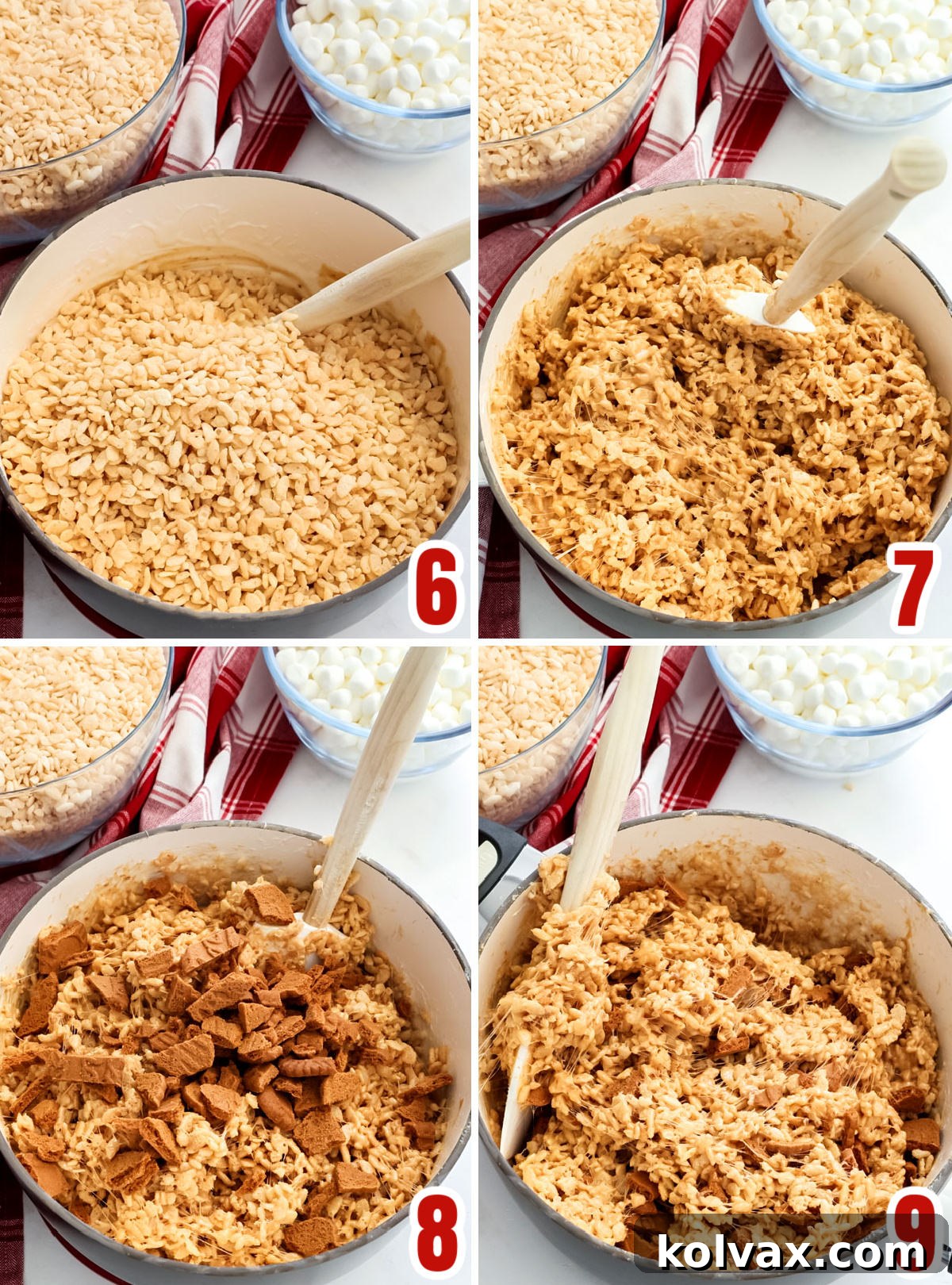 A collage showing the sequence of adding Rice Krispie cereal and crushed Biscoff cookies to the cookie butter marshmallow mixture, and folding them together.