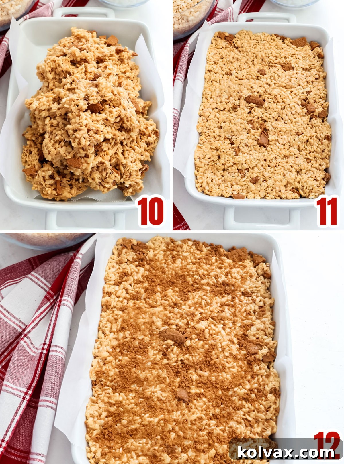 A collage illustrating the process of spooning the Rice Krispie mixture into a parchment-lined 9x13-inch pan and lightly pressing it down.