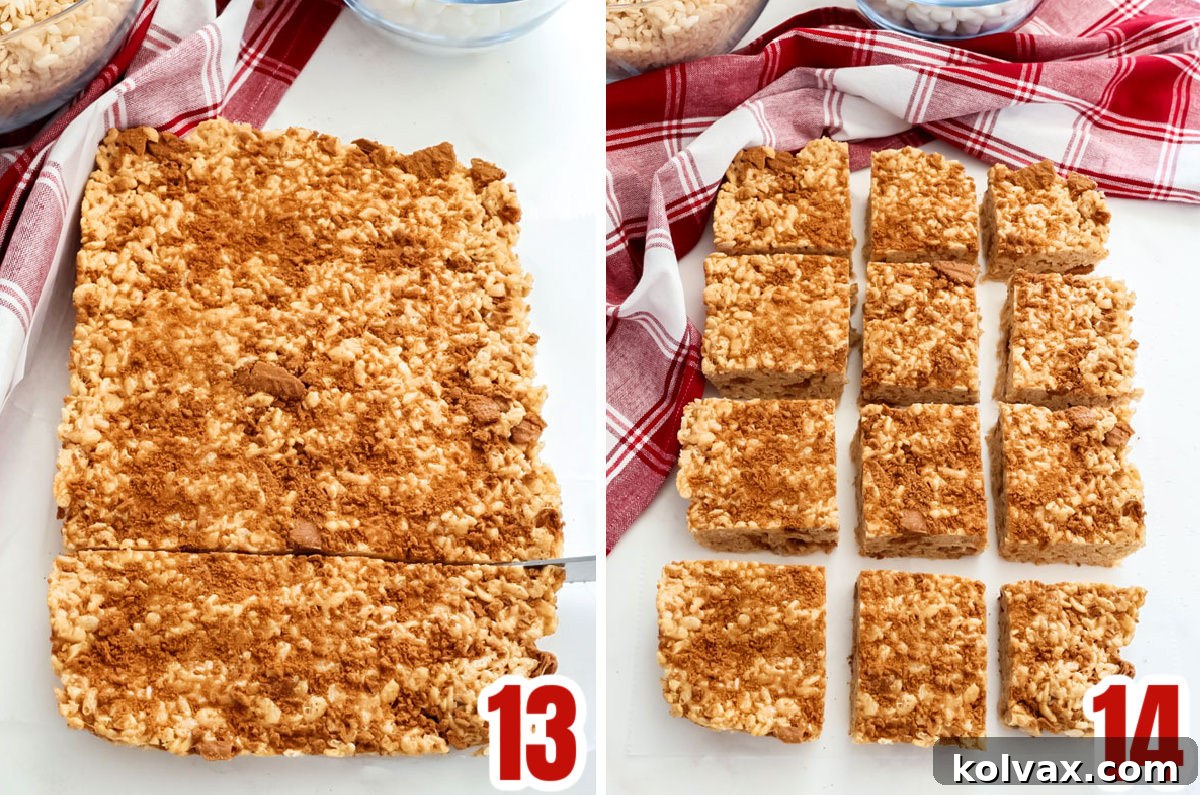 A collage showing the final steps: letting the Cookie Butter Rice Krispie Treats cool and then cutting them into individual squares.