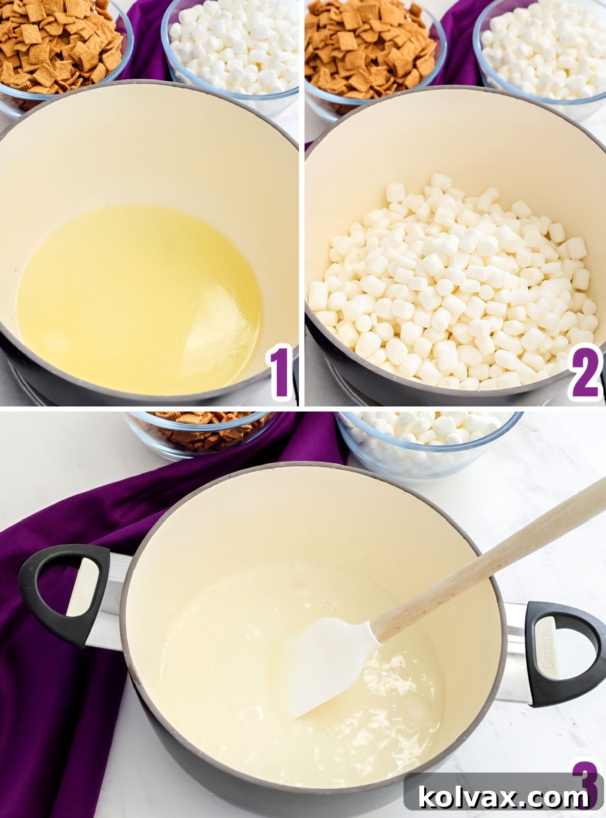 A collage of images showing the process of melting butter and mini marshmallows in a large saucepan over low heat, stirring until smooth.