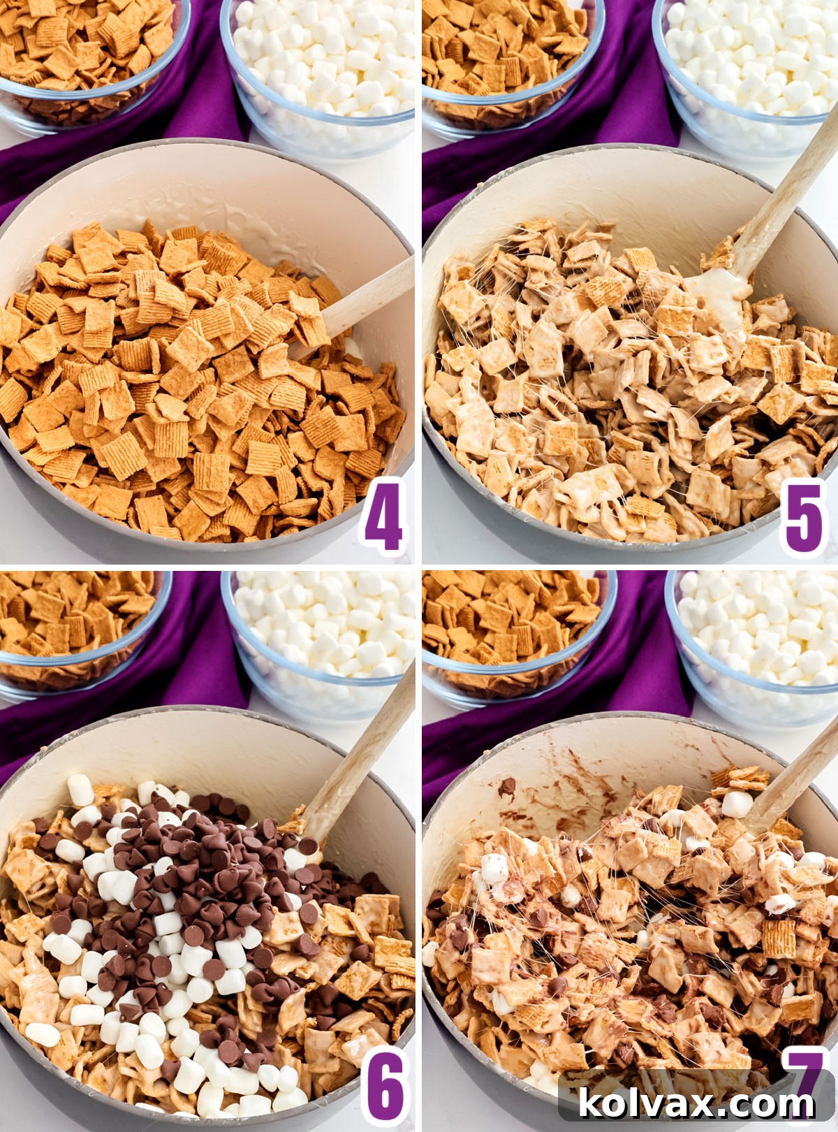 A collage showing the steps of folding Golden Grahams cereal into the melted marshmallow mixture, then adding chocolate chips and additional mini marshmallows.