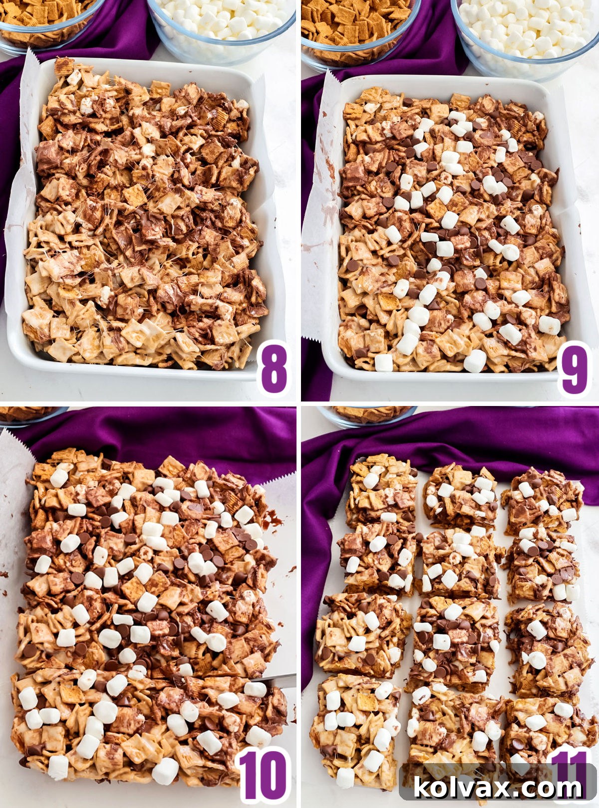 A collage depicting the process of spooning the Golden Grahams S'mores mixture into a 9x13 inch pan and lightly pressing it down.