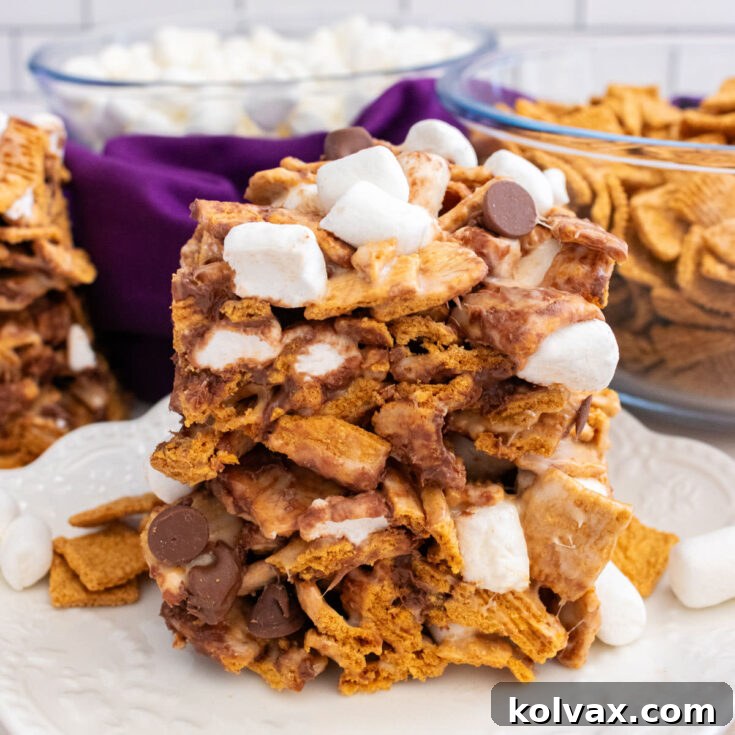 Two Golden Grahams S'mores Marshmallow Treats resting on a white dessert plate, with bowls of cereal and marshmallows in the background.