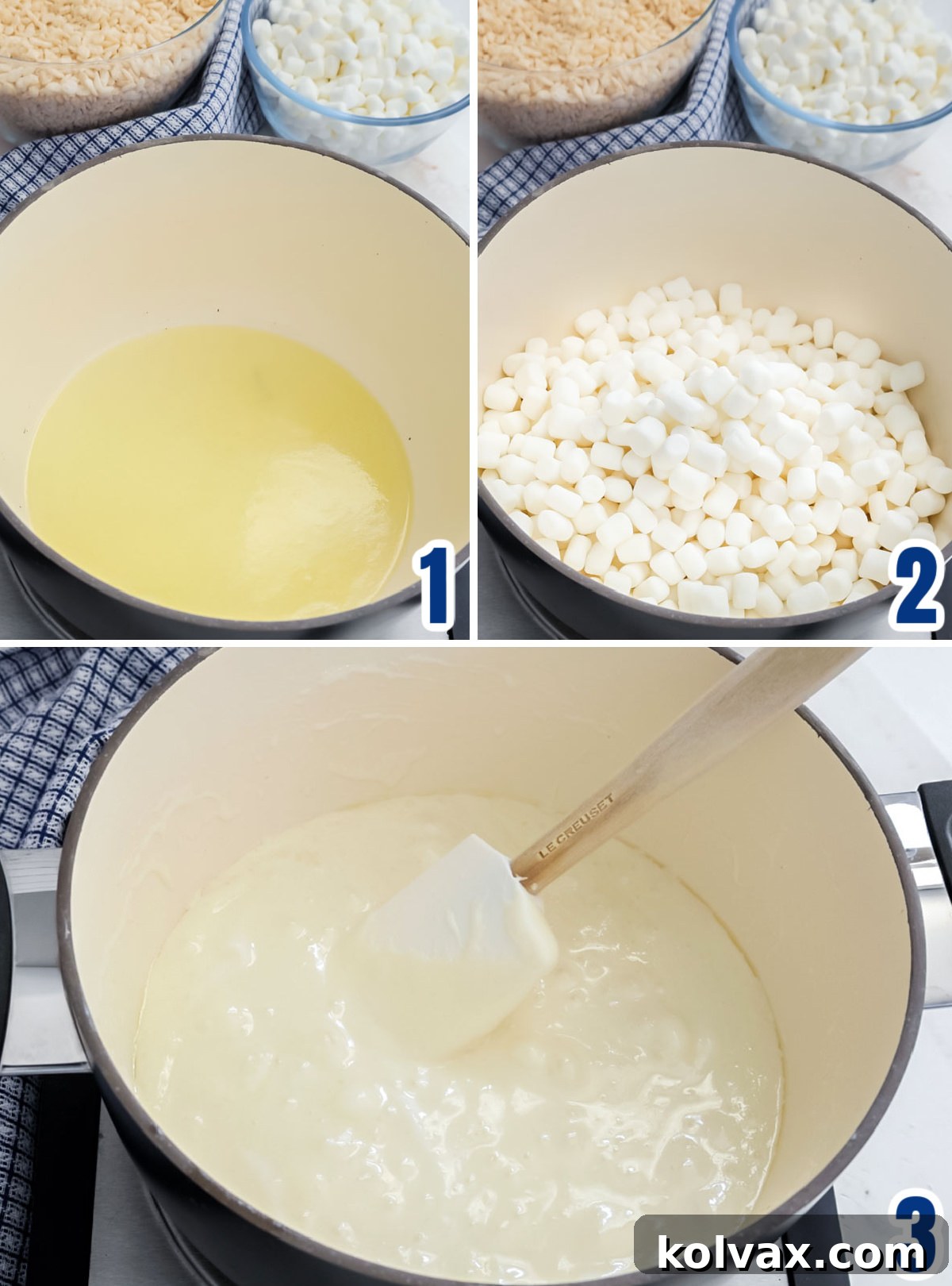 A collage of images showing the process of melting butter in a saucepan and then adding mini marshmallows, stirring them until completely melted, for Potato Chip Rice Krispie Treats.