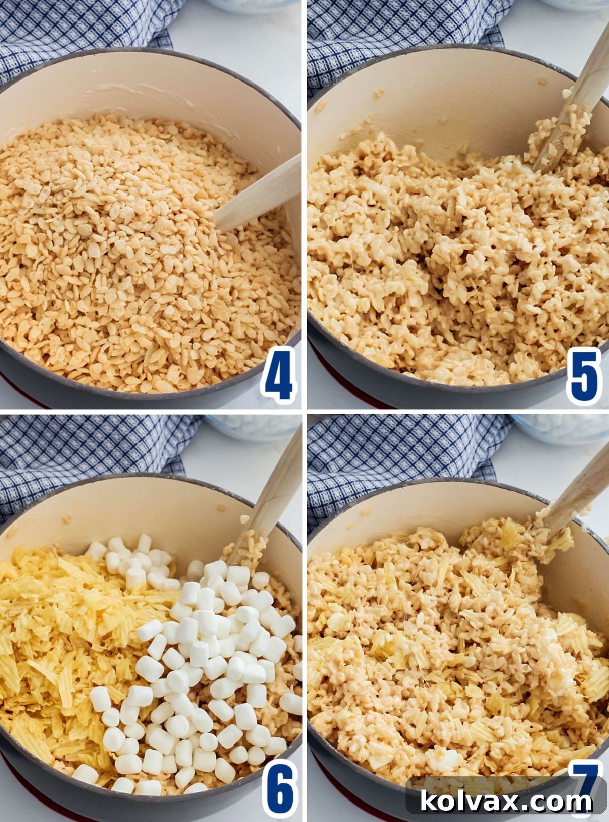 A collage of images illustrating the steps of adding Rice Krispies cereal to the marshmallow mixture and gently folding it, then adding the remaining marshmallows and crushed potato chips and mixing until combined.