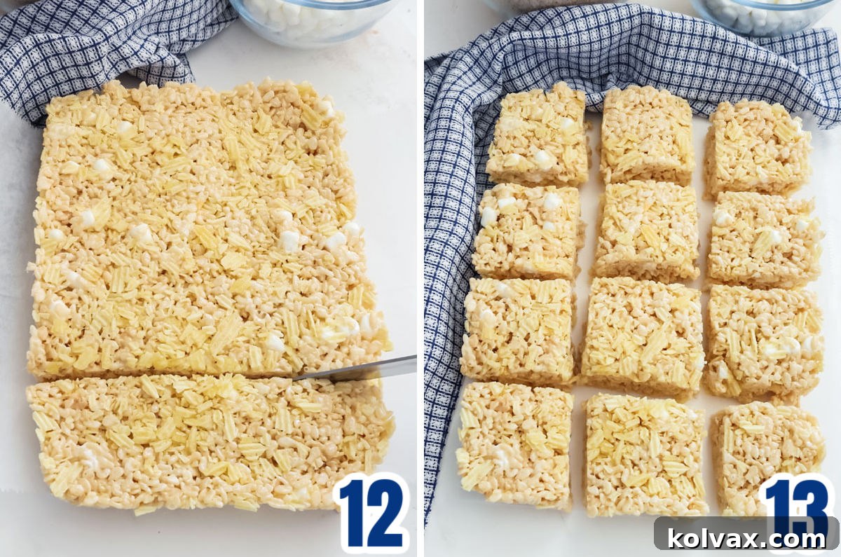 A collage of images showing the cooling Potato Chip Rice Krispie Treats in the pan, followed by removing them and cutting them into individual squares.