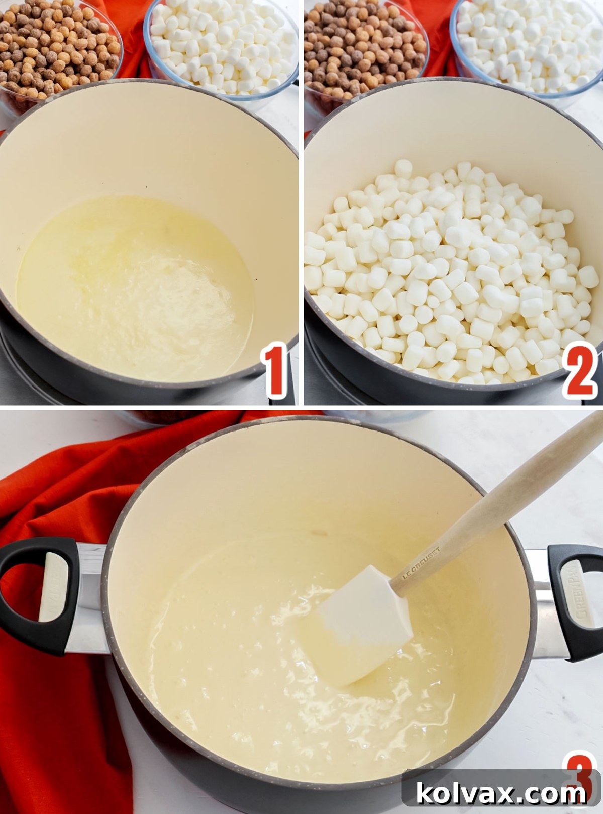 A visual guide showing the steps for melting butter and mini marshmallows together in a saucepan to create a smooth, gooey mixture for Reese's Puffs treats.