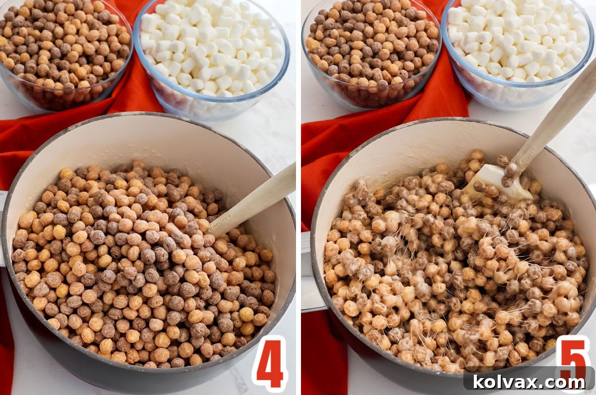 A step-by-step image showing Reese's Puffs cereal being added to the melted marshmallow mixture in a large bowl, with a spatula ready for gentle folding.