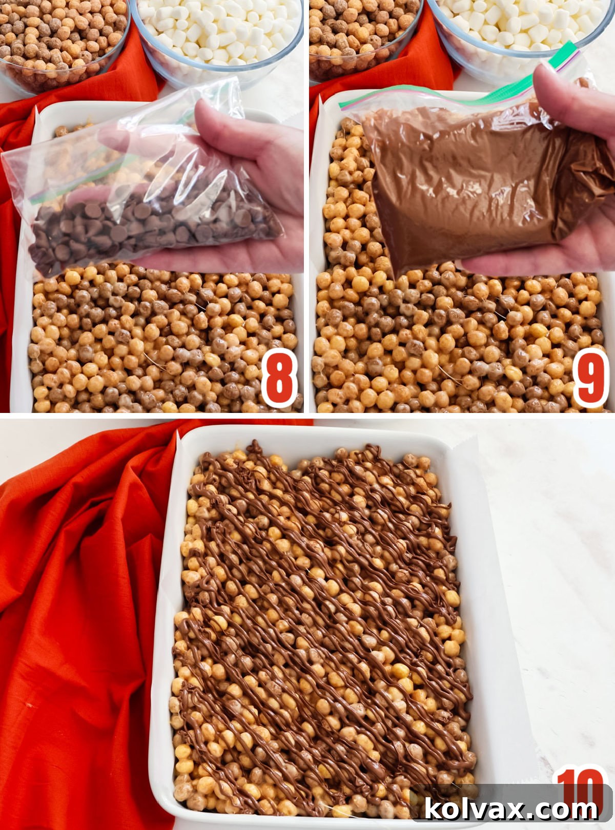 A collage showing steps for melting chocolate chips in a plastic bag and then drizzling the melted chocolate artistically over the cooled Reese's Puffs Marshmallow Treats in the pan.
