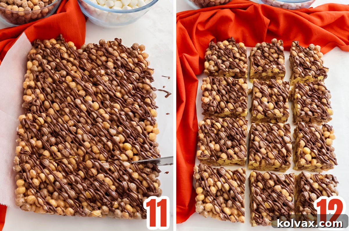 A collage of images demonstrating how to remove the set Reese's Puffs Treats from the pan using parchment paper and then cut them into neat, individual squares for serving.