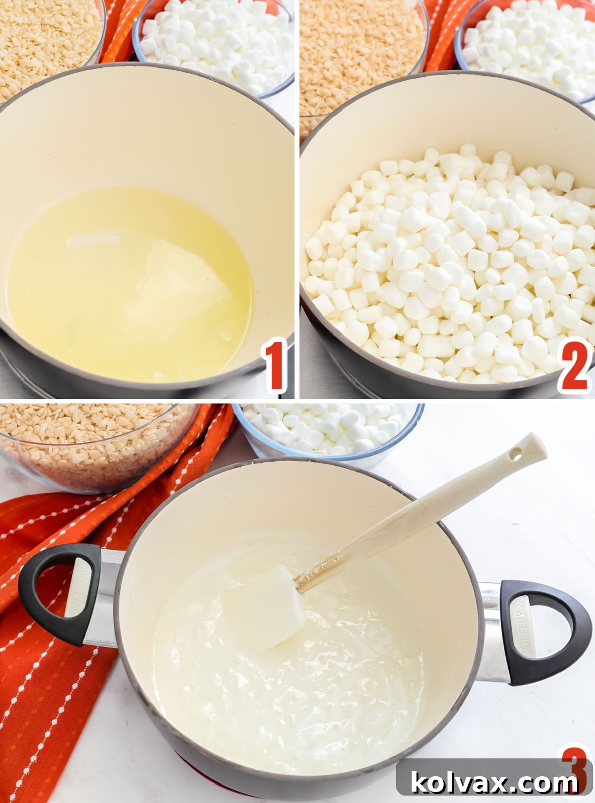 Collage image demonstrating the crucial steps for melting butter and mini marshmallows to create the base for Peanut Butter Cup Rice Krispie Treats, showing a smooth, golden mixture.