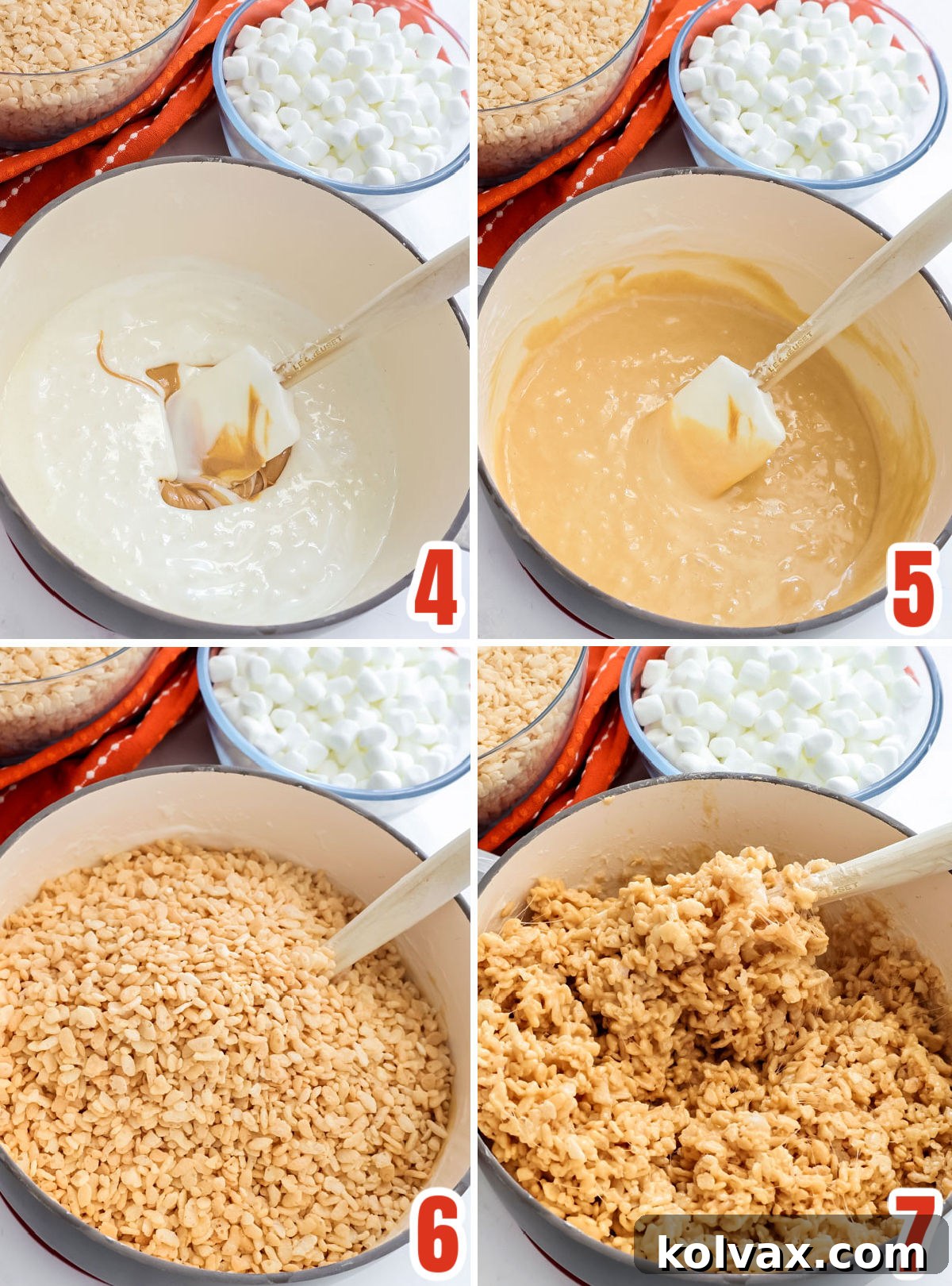 Collage image showing the process of adding creamy peanut butter and crisp Rice Krispies Cereal to the warm marshmallow mixture, demonstrating thorough mixing.