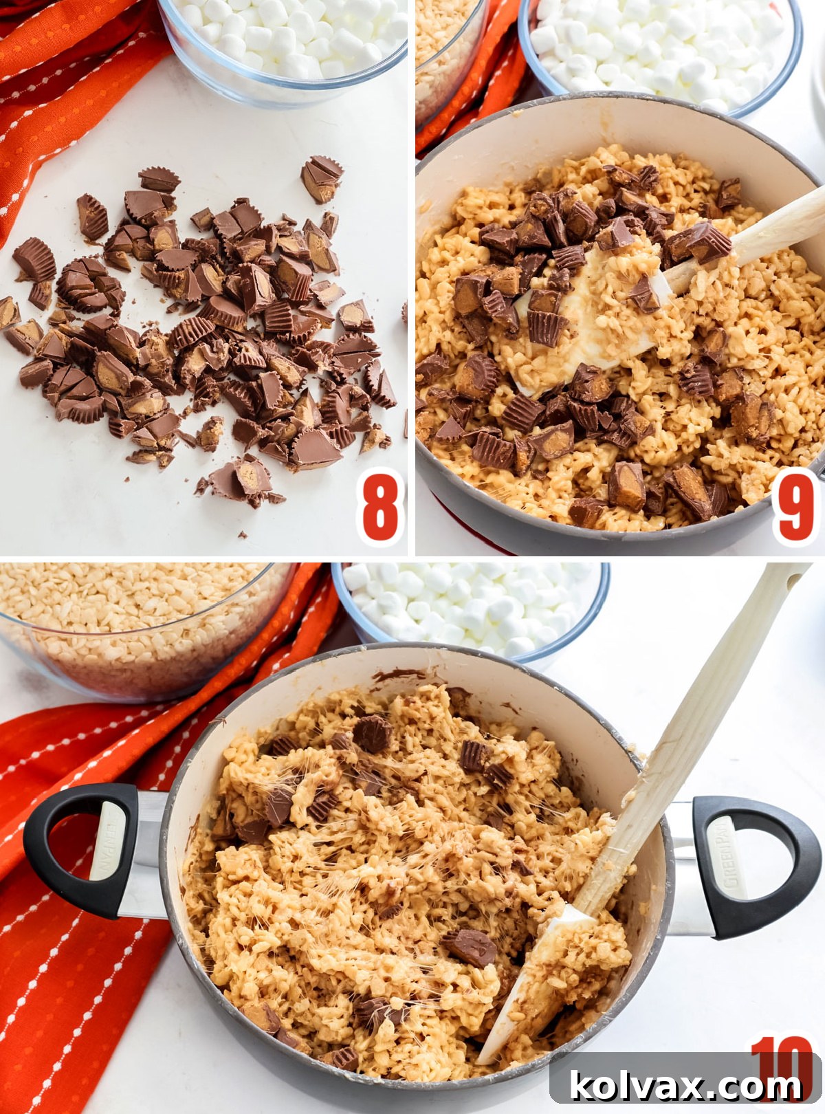 Collage image detailing the steps for adding the pre-frozen, chopped Reese's Peanut Butter Cups into the Rice Krispie mixture, ensuring they remain intact.