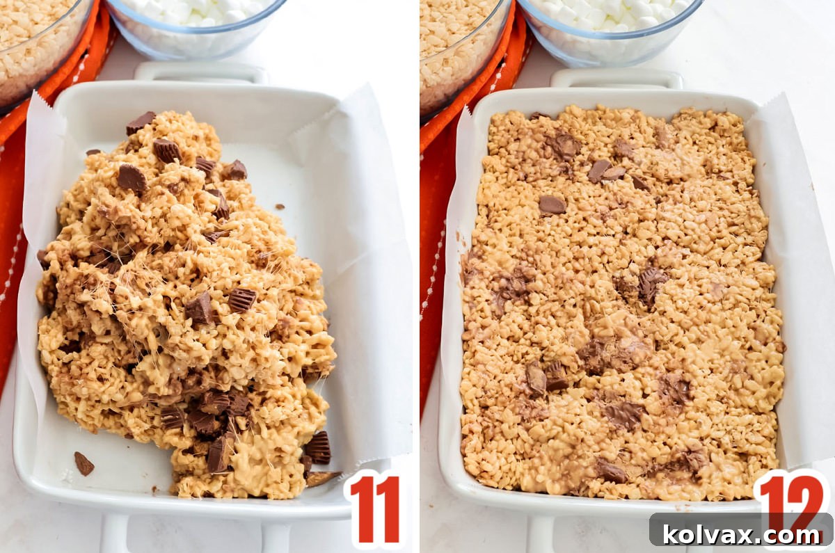 Collage image demonstrating the process of spooning the Rice Krispie mixture into a greased 9x13 inch pan and lightly pressing it down.