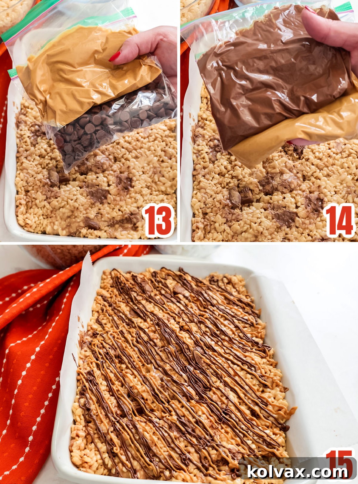 Collage image showing the final decorative steps: drizzling melted chocolate and peanut butter over the cooled Peanut Butter Cup Rice Krispie Treats.