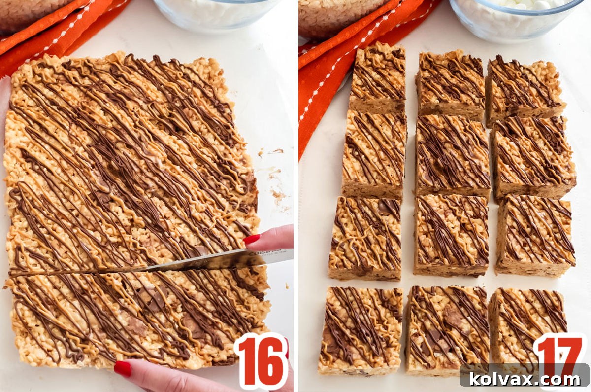 Collage image showing the final steps of removing the cooled Peanut Butter Cup Rice Krispie Treats from the pan and cutting them into perfect squares.