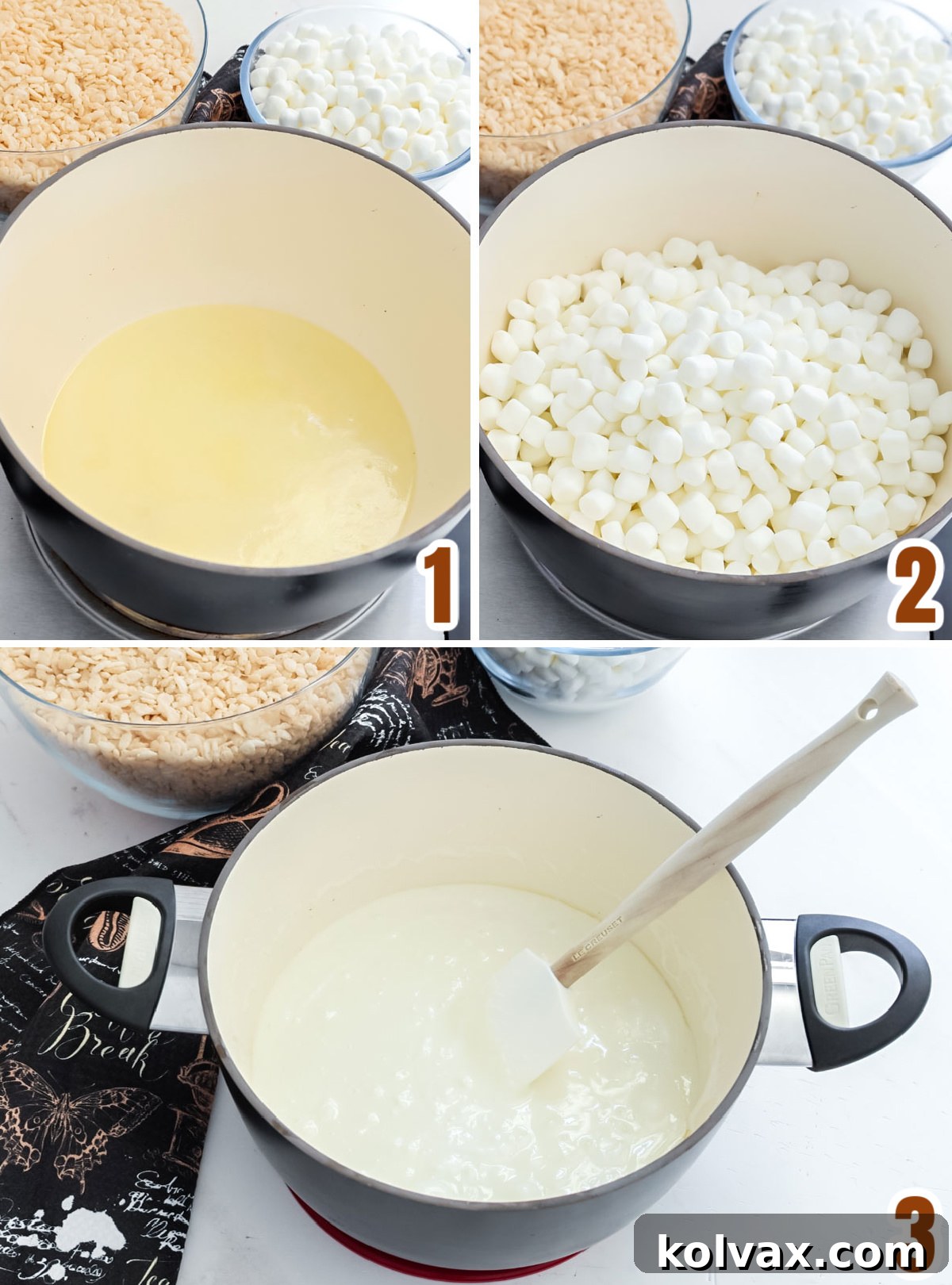 A two-part collage showing step-by-step how to melt butter and then combine it with mini marshmallows in a saucepan for Coffee Rice Krispie Treats.